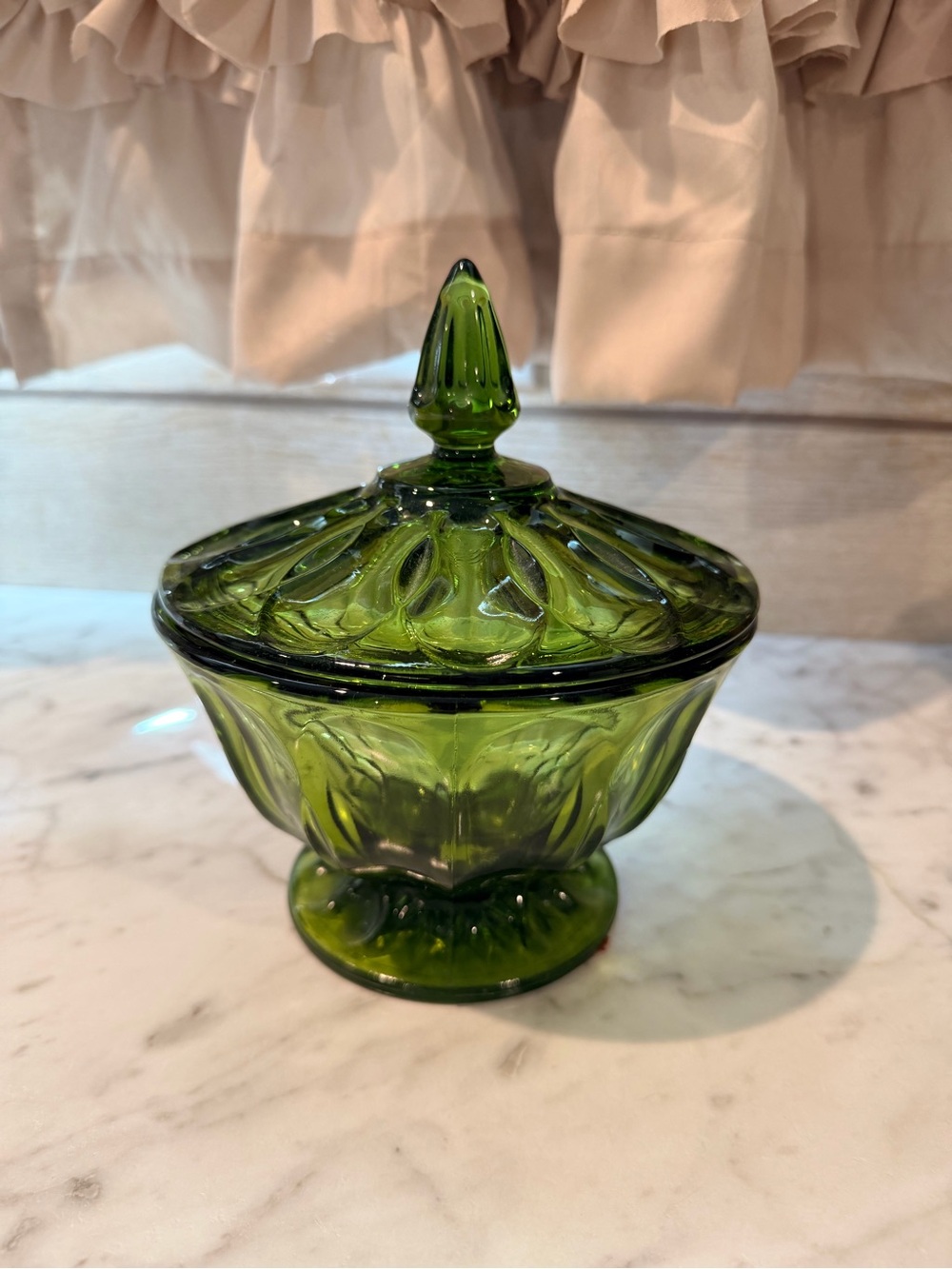 Indiana Glass Olive Green Covered Candy Dish
